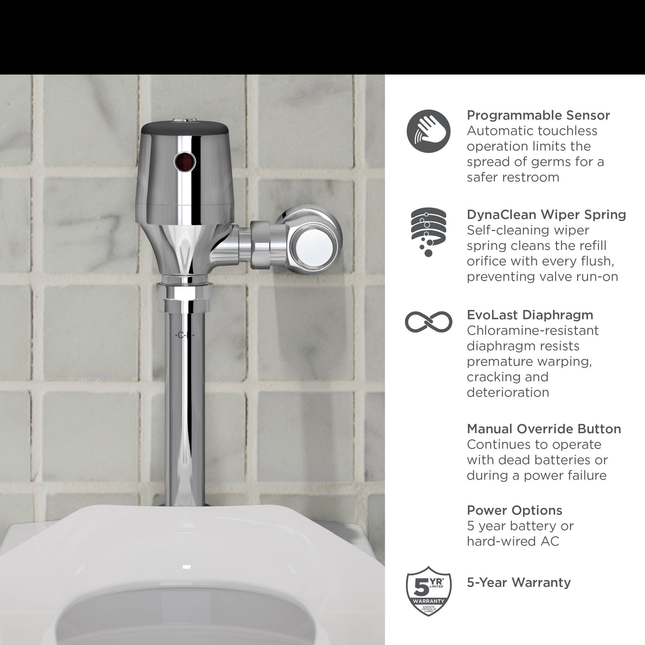 Ultima® Selectronic® Exposed Toilet Flush Valve, Diaphragm Type, Base Model, 1.28 gpf/4.8 Lpf